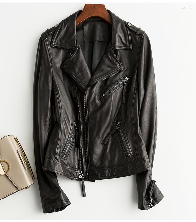 

Women's Leather 2023 Genuine Jacket Women Sheepskin Coat Female Clothes Spring Autumn Biker Motorcycle Jackets Femme Veste, Black