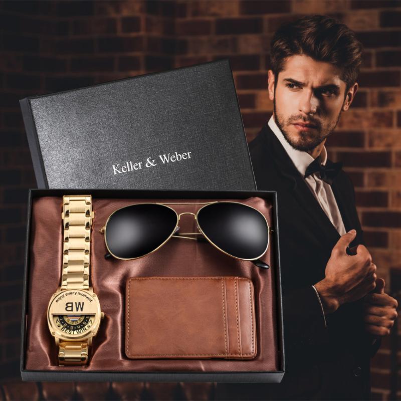 

Wristwatches Male Watch Luxury Business Waterproof 30M Wristwatch Stainless Steel Strap Quartz Money Clip Eyewear Set Gift Montre Homme, Watch gift set 1