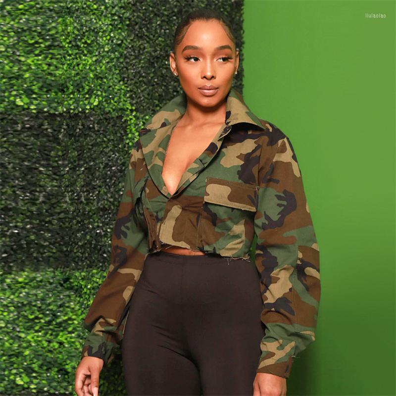 

Women' Jackets Women Turn Down Collar Long Sleeve Single Breasted Short Coat High Street Cargo Crop Tops Big Pockets Camo Jacket, Army green
