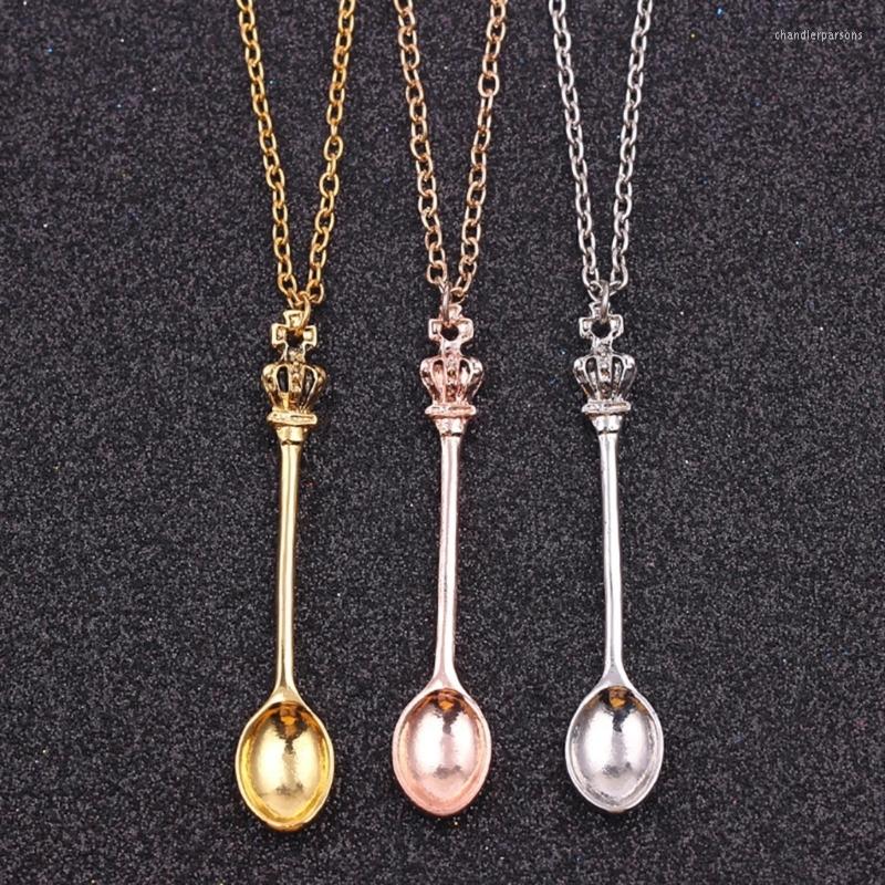 

Chains Charm Teaspoon Shape Pendant Necklace With Crowns For Women 4 Colors Unique Mini Long Link Jewelry Spoon Dropship