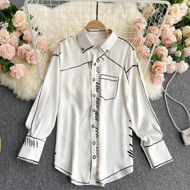 

Women's Blouses Fashion Design White Shirts Women Casaul Loose Black Woman Draw Tops