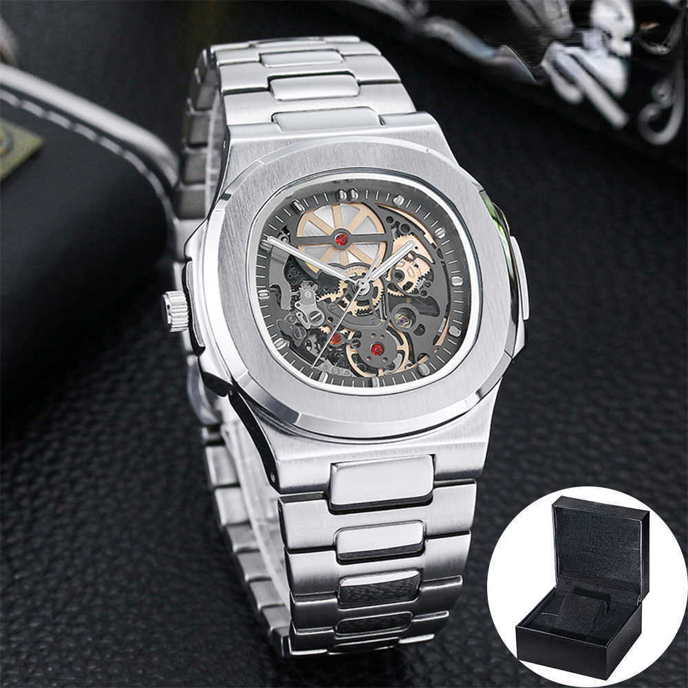 

Wrist watch Power Reserve Mechanical Watches Men's Skeleton Stainless Steel Powerful Automatic Square Waterproof Hand Clock New