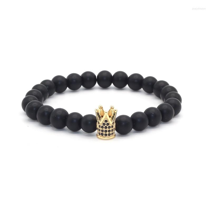 

Charm Bracelets 2023 Trendy Plated Imperial Crown Pave Black CZ Beads 8MM Natural MaOnxy Stone Men Strand Jewelry Gift