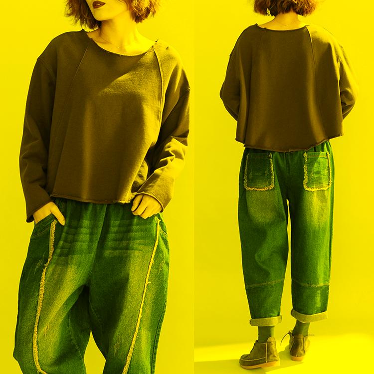 

Women's T Shirts 2023 Long Sleeve Loose Tops Cotton Material Short Sweatshirt Solid Plus Size ShirtsWomen's, Coffee