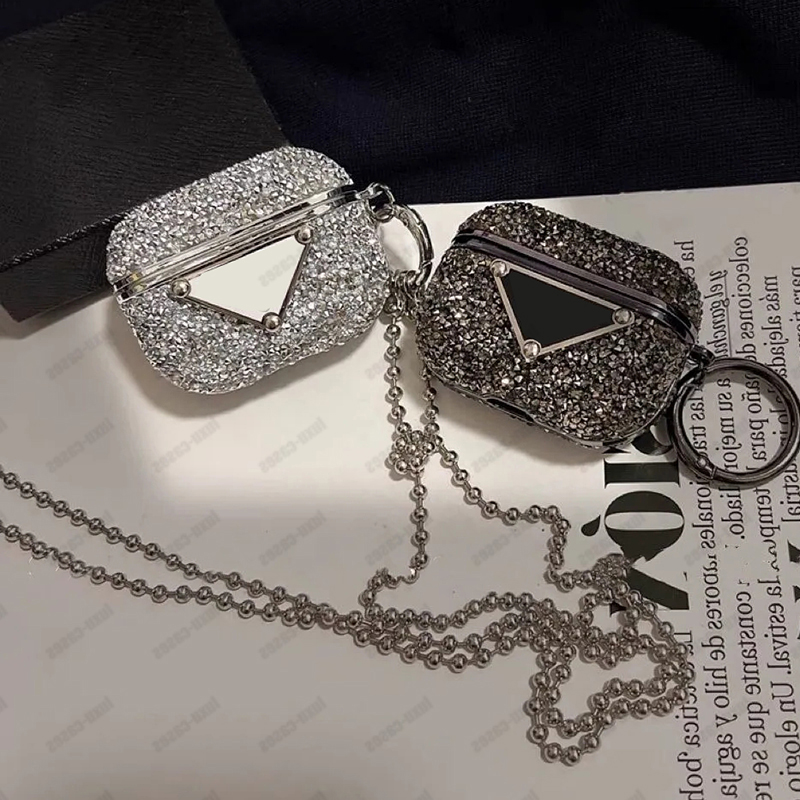 

Bling Diamond Designers Ear Phone Case Fashion Designer Cases For Airpods Pro 3 2 1 Brand Earphones Cases Silver Chains Earphone Cover, P1