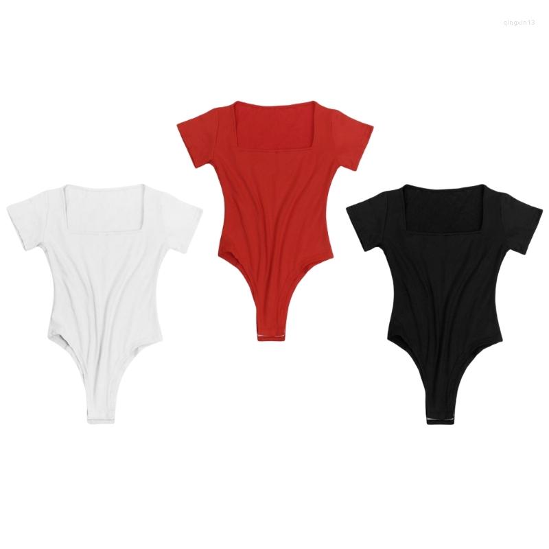 

Women' Shapers Women Summer Low Cut Square Neck Short Sleeve Thong Bodysuit T-Shirt Solid Color Bodycon Slimming Jumpsuits Romper Top, Black
