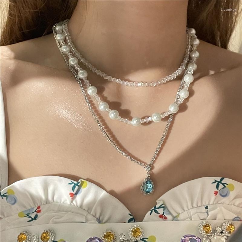 

Pendant Necklaces French Drop-shaped Blue Pearl Crystal Necklace Female Fashionable Luxury Multi-layer Retro Clavicle Chain