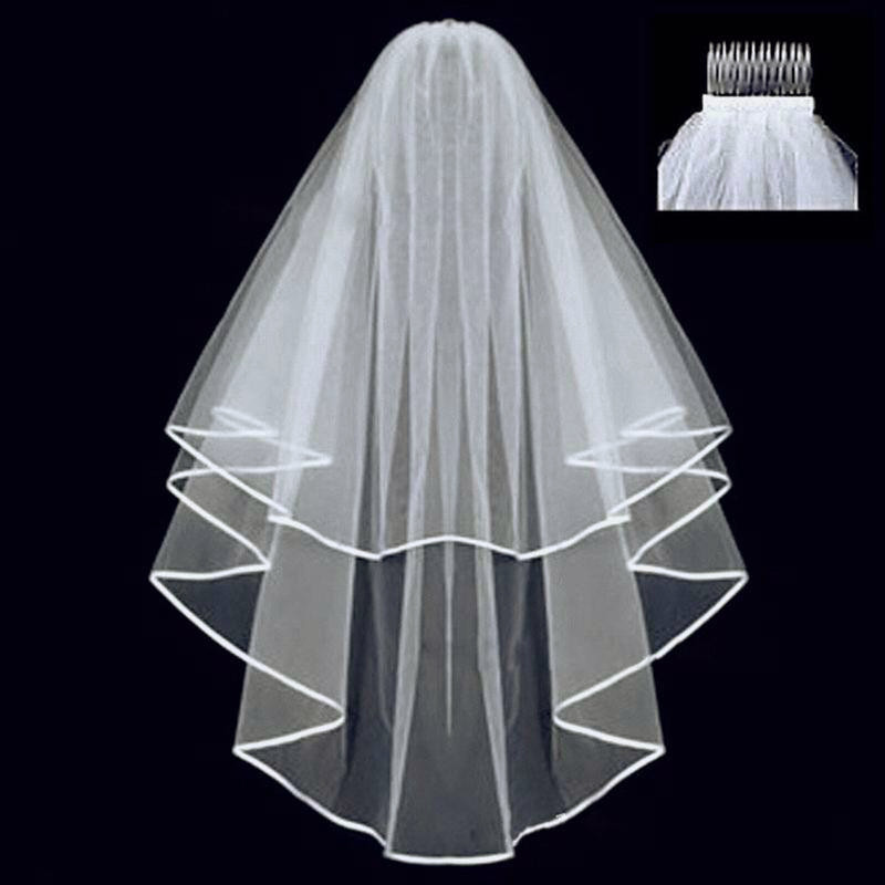 

Bridal Veils New Double Mesh Tulle Ribbon Edge Women Short Wedding Veil with Comb Bride Headpiece, White