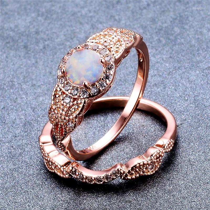 

Wedding Rings White Opal Round Stone Ring Set Luxury Crystal Small Zircon Engagement Rose Gold Color Sets For Women Jewelry
