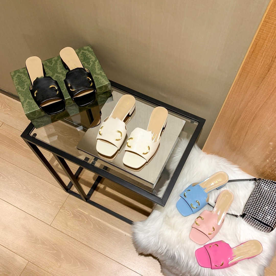 

Designer Women's High Heel Slippers Leather metal buckle G Sexy Summer Chunky Heel Sandals Outdoor Beach Flip Flops 34-40, Byxgus1