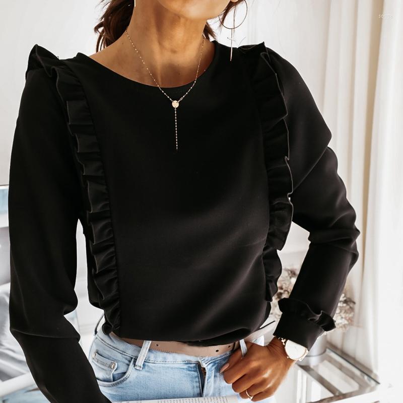 

Women' Blouses Casual Office Tops For Women Elegant Ruffles Splicing Solid Color Blouse Shirts Sexy Long Sleeve Crew Neck Back Button Top, Pink