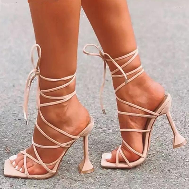 

Sandals Plus Size Summer Sexy Lace Up Women Square Toe Spike Heel Cross Tied Party Shoes High Heels Pumps Zapatillas Mujer, Beige