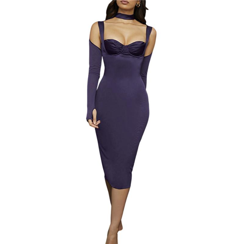 

Casual Dresses Women Sexy Party Club Tight Vestidos Purple Long Sleeve High Neck Low Cut Wrapped Chest Strappy Bodycon Dress Summer Autumn