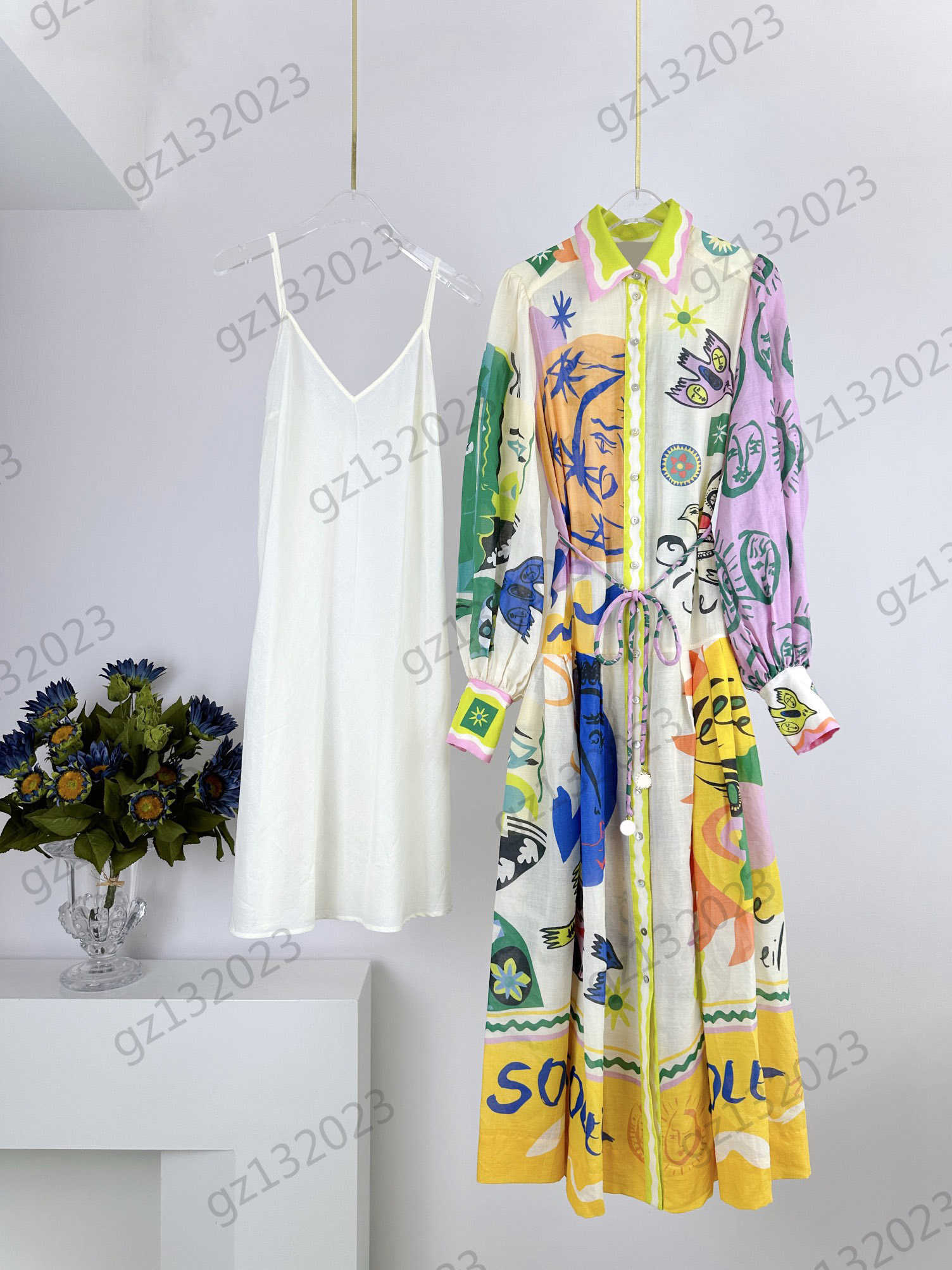 

Summer Dress Colorful Logo Printed Lapel Button Opening Thin Dress Long Sleeve Belt Slimming Maxiskit Match Suspender Skirt Base Dresses For Women