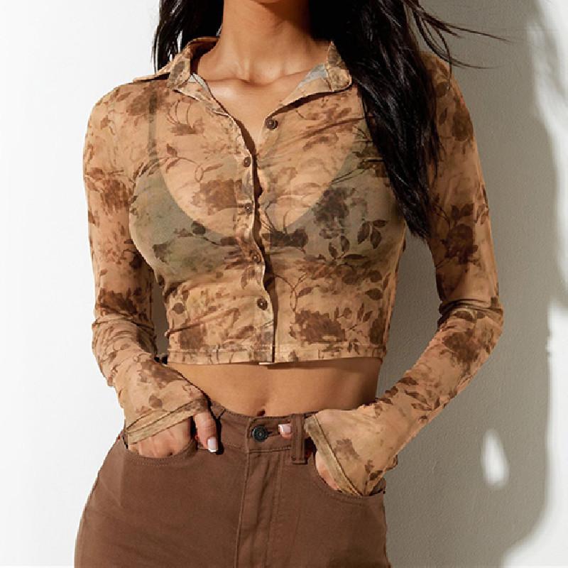 

Women' Blouses & Shirts Retro Floral Printed Long Sleeve Shirt Women Ladies Fashion Wild Turn-down Collar Slim Fit Spring Autumn Casual Cro, Light brown