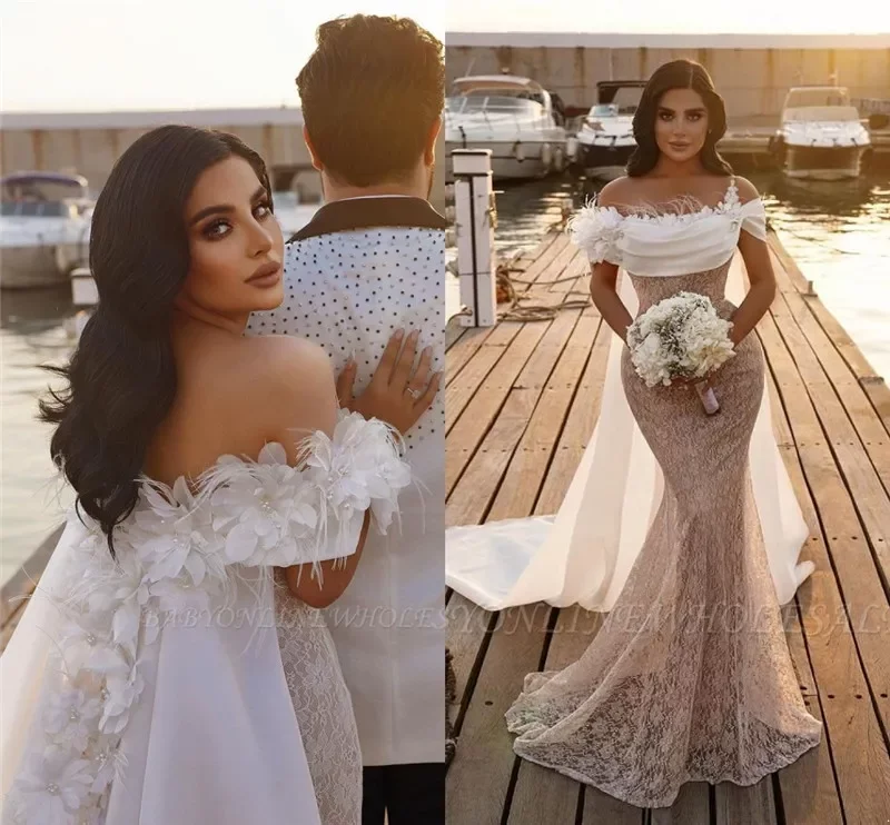 

Elegant Lace Mermaid Wedding Dresses With Cape Sexy Off Shoulder Appliques Beads Buttlerfly Long Arabic Dubai Bridal Reception Dress Custom Made BC15150, Blue
