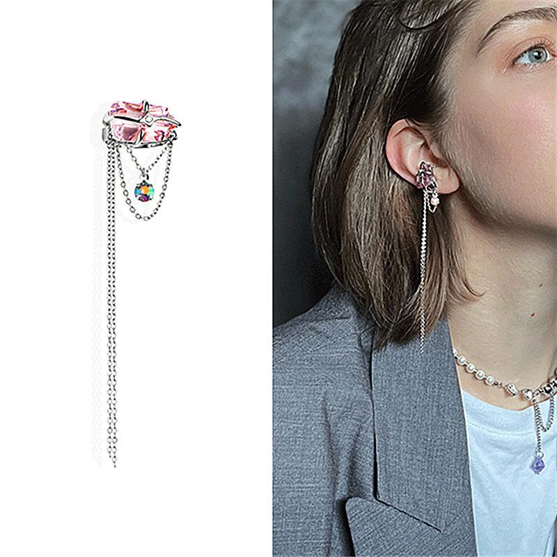 

Backs Earrings 1pcs Irregular Temperament Pink Crystal Zircon Ear Clip Unique Design Long Tassel Earbone Women's Trendy Jewelry