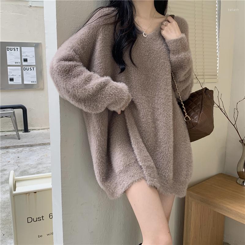 

Women's Sweaters Korean Fashion Loose Fluffy Woman Pullover Soft V Neck Long Sleeve Mid Length Sweater Women Knitting Top Female Drop, Black