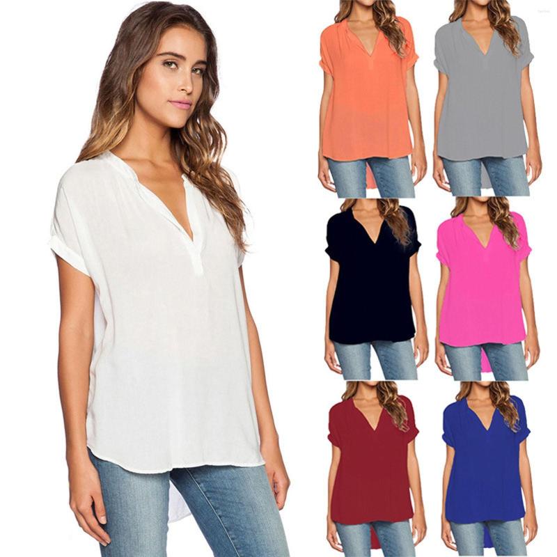 

Women' Blouses Women Ladies V Neck Short Sleeve Front Back Long Solid Loose Chiffon Women' Shirts And Tops Overlapping Top, Red