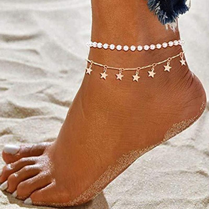 

Anklets Summer Beach Imitation Pearl Geometric Five-pointed Star Pendant Anklet Suit