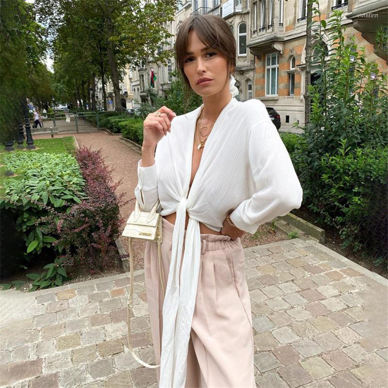 

Women' Blouses VAZN 2023 Fashion Women Sexy Street Girl Style Shirt Long Sleeve Deep V Pure Color Short Lady, White