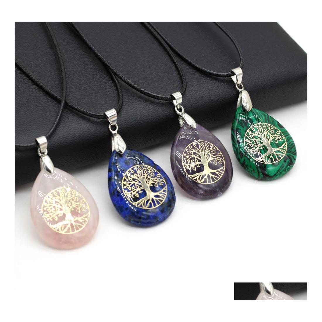 

Pendant Necklaces Waterdrop Tree Of Life Symbol Reiki Healing Natural Stone Necklace Chakra Amethyst Pink Rose Crystal Women Yydhhom Dhjks