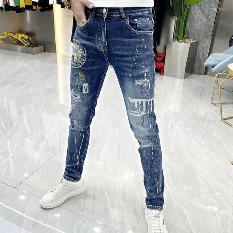 

Men's Jeans Blue Drilling Man Portrait Pattern Jean Men Little Feet Trend Heavy Industry 2023 Korean Slim Brand Pant Sequins, Sky blue