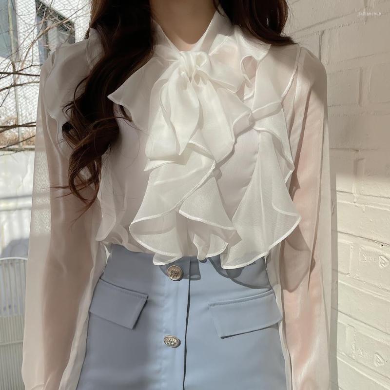 

Women' Blouses 2023 Brand Women Chic Shirt Ruffles Collar Long Sleeve Little Transparent Blouse Solid Color Summer Tops Blusa, Gray