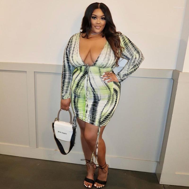 

Plus Size Dresses ZZ Women Clothing Dress Gradient Tie Dye Print Long Sleeve Ruched Drawstring Vestidos Drop WholesalePlus Holl22, Light green