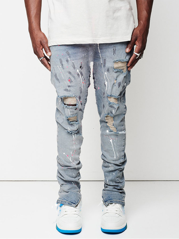 

Men s Jeans Side Slit Zipper Paint Slim Fit Cotton Ripped Denim Pants Autumn High Street Fashion Knee Abrasion Light Blue 230217, Beige
