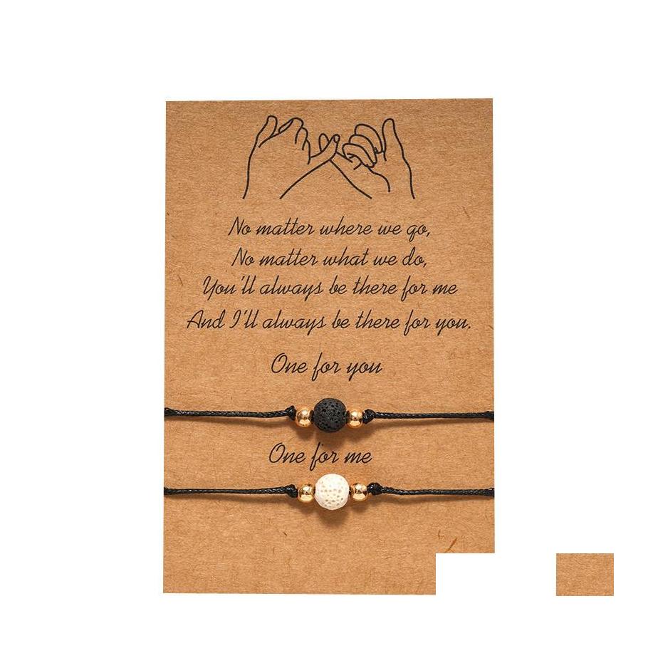 

Beaded Strands Black White Lava Stone Beaded Lover Couple Card Strand Bracelet Adjustable Rope Wristband Essential Oil Diffuser Jew Dhjjq