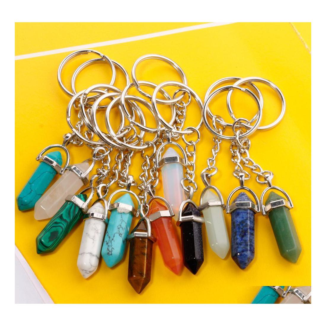 

Key Rings Natural Stone Chain Ring Hexagonal Prism Keychain Amethyst Rose Quartz Tigers Eye Opal Crystal Keyring Carshop2006 Drop De Dhz6T