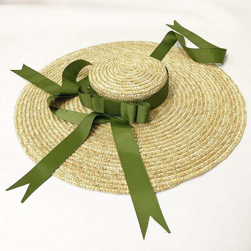 

Wide Brim Hats Women Ins Trend Straw Hat Summer Ladies Green Ribbon Bow Floppy Large Sun Sunscreen Flat Beach CapWide, 003