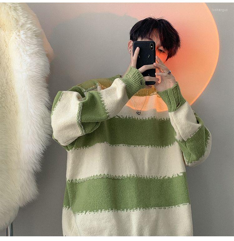 

Men's Sweaters Striped Harajuku Oversized Knit Sweater 2023 Autumn Classic Style Round Neck Spliced Color Loose Knitted Pullovers E139, Green