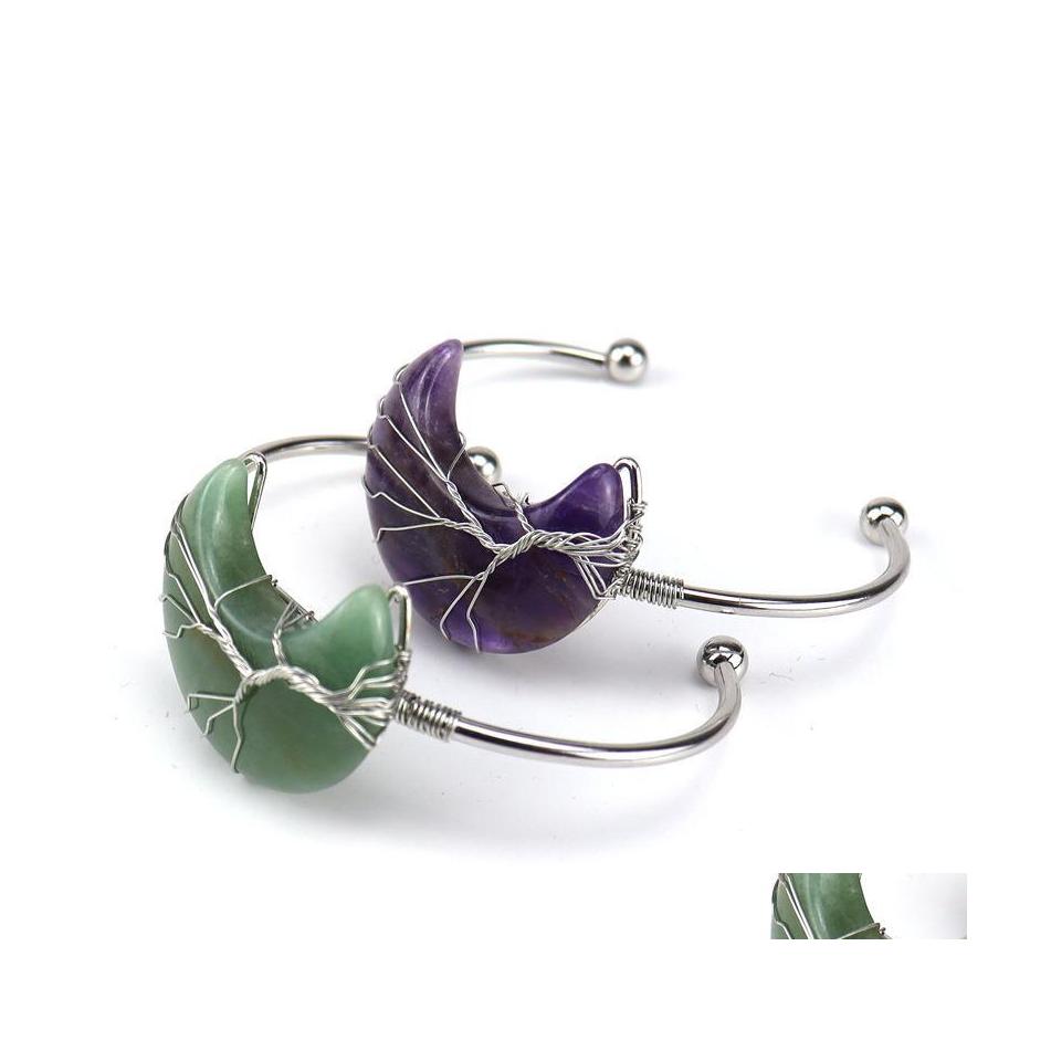 

Charm Bracelets Wire Wrap Natural Stone Moon Tree Of Life Bracelet Amethyst Aventurine Pink Crystal Bangle For Women Jewelry Drop Del Dhwnl