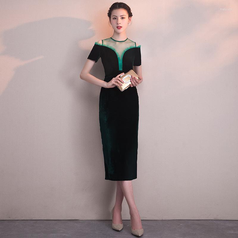 

Ethnic Clothing O-Neck Velour Mesh Patchwork Women Cheongsam Summer Sexy Slim Long Evening Party Dress Gown Vestidos Plus Size 3XL 4XL
