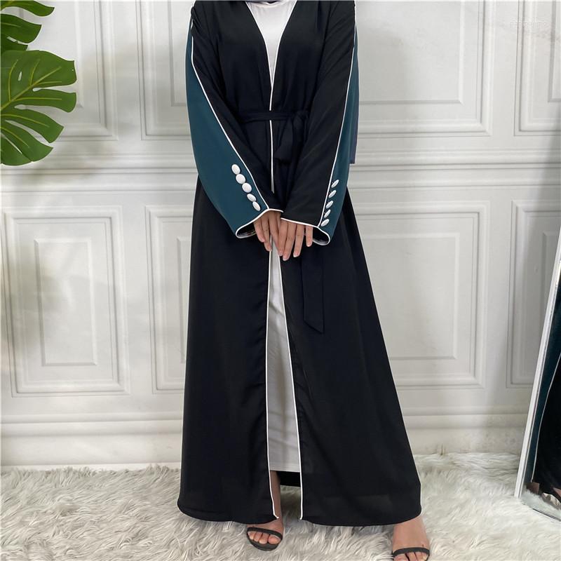 

Ethnic Clothing Muslim Hijab Robe For Women Modest Two Color Splicing Long Sleeve Open Front Femme Cardigan With Button Dubai Turkish