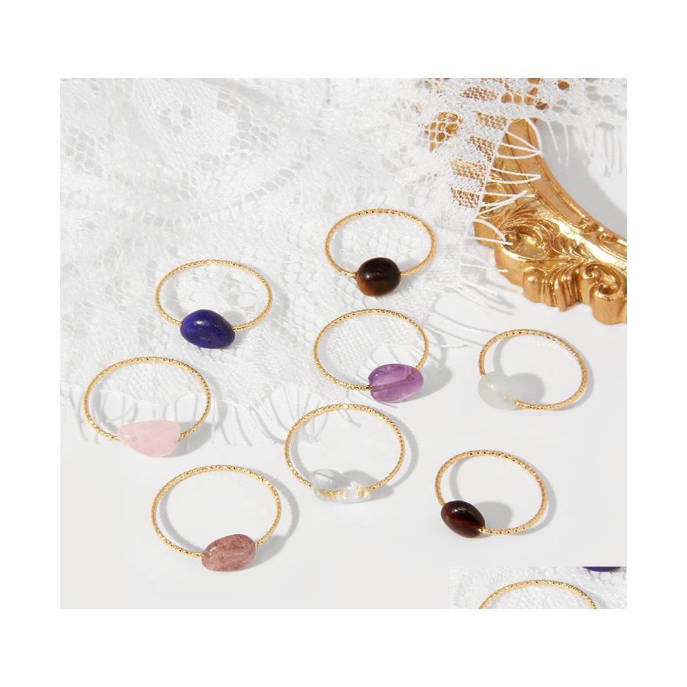 

Solitaire Ring Minimalism Natural Stone Rings Golden Metal Gem Rose Quartz Amethyst Beads Trendy Healing Jewelry Gifts Drop Delivery Dhlkc