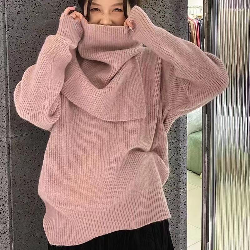 

Women's Sweaters Korean Fashion Neckband Woman Pullover Solid Color V Neck Long Sleeve Sweater Loose Soft Thick Knitted Top Female Drop, Green