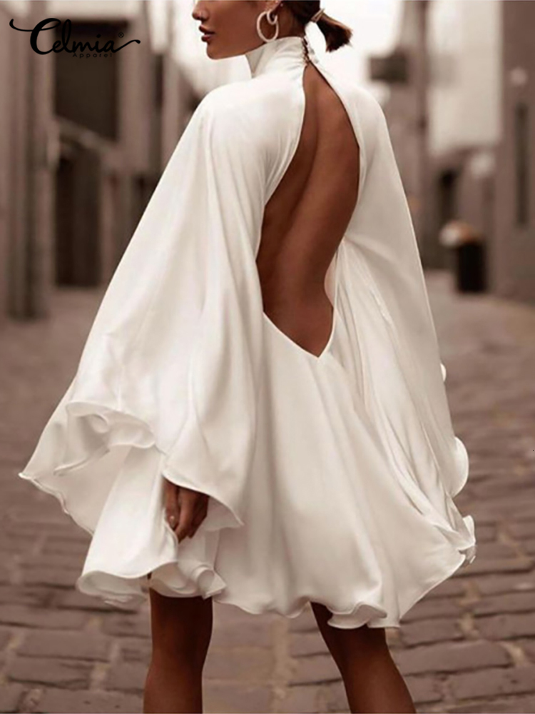 

Casual Dresses Celmia Women Evening Fashion Sexy Backless Satin Party Flare Sleeve Stand Collar Short Robes Chic Vestidos 230217, Purple