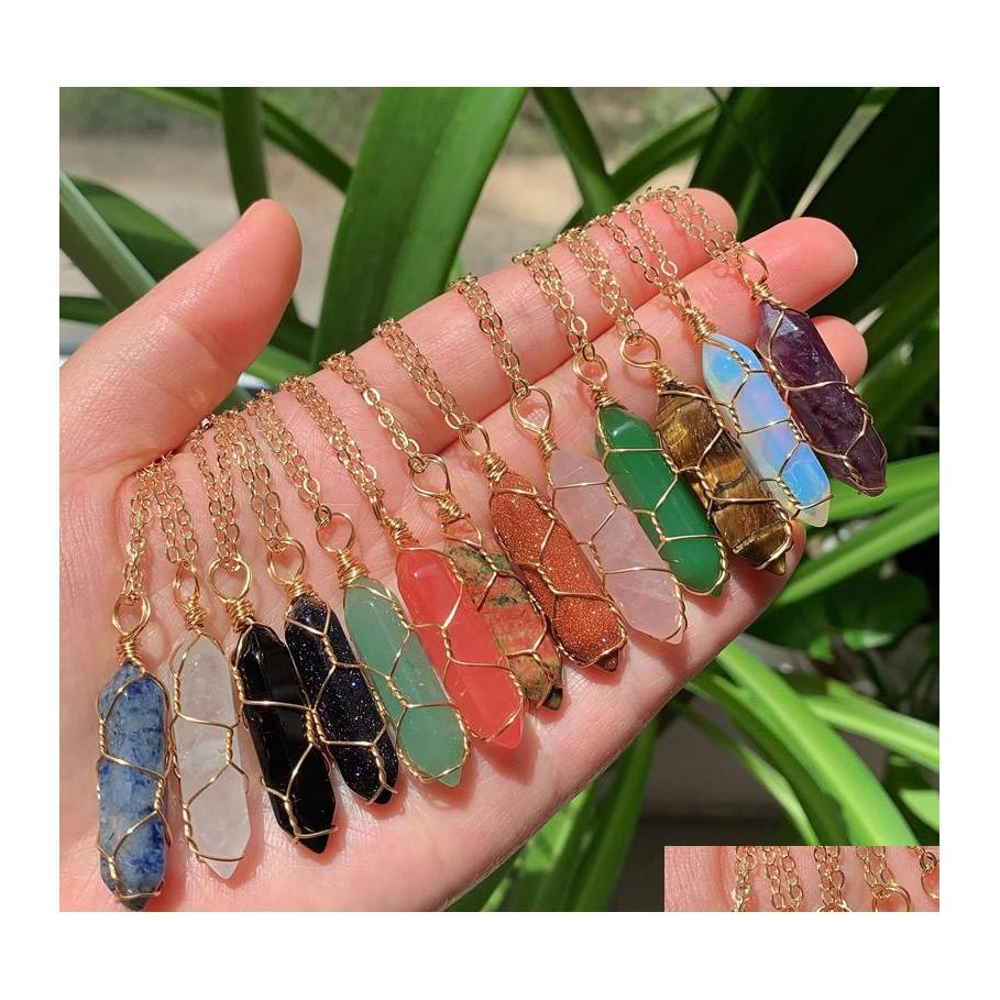 

Pendant Necklaces Natural Stone Crystal Necklace Wire Wrap Mticolor Quartz Purple Amethysts Point Hexagonal Pendum Reiki Chakra Drop Dh2Cr