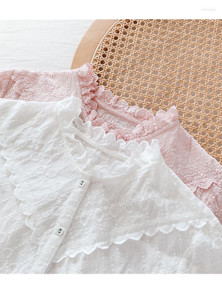 

Women's Blouses Lamtrip Unique Vintage Hook Flowers Embroidery V Sahpe Ruffles Single Breasted Pink White Shirt Long Sleeve Blouse 2023