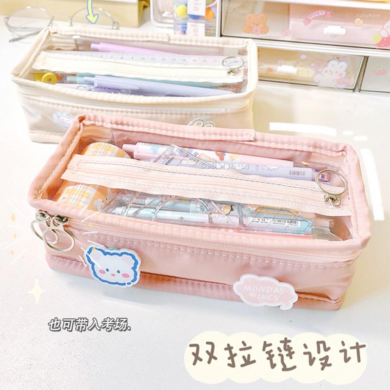 

Cosmetic Bags Badge Pencil Case Student Transparent Large Capacity Pen Ins Fashion Solid Stationery Storage Bag Female, Green