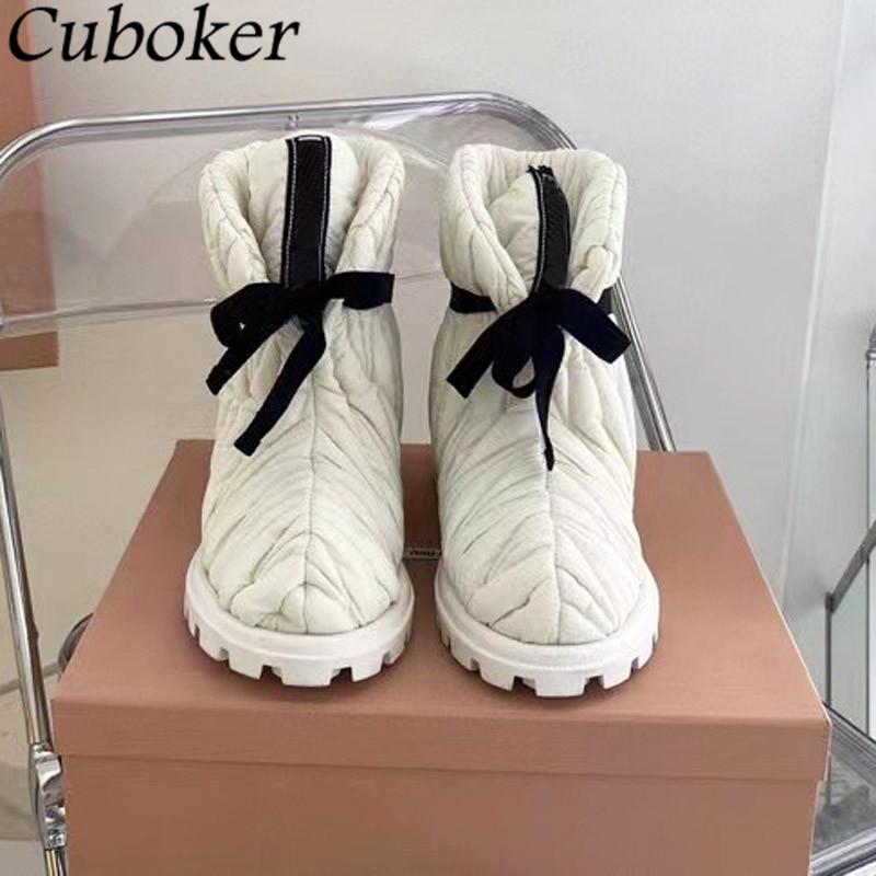 

Boots Winter Women Down Brand Designer Round Toe Cute Bowknot Decor Non-Slip High Quality Warm Short Snow, White