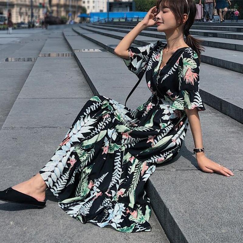 

Party Dresses 2023 Summer Floral Dress Women Fashion V Neck Short Flare Sleeve Tunic Long Casual Holiday Beach Plus Size, Black