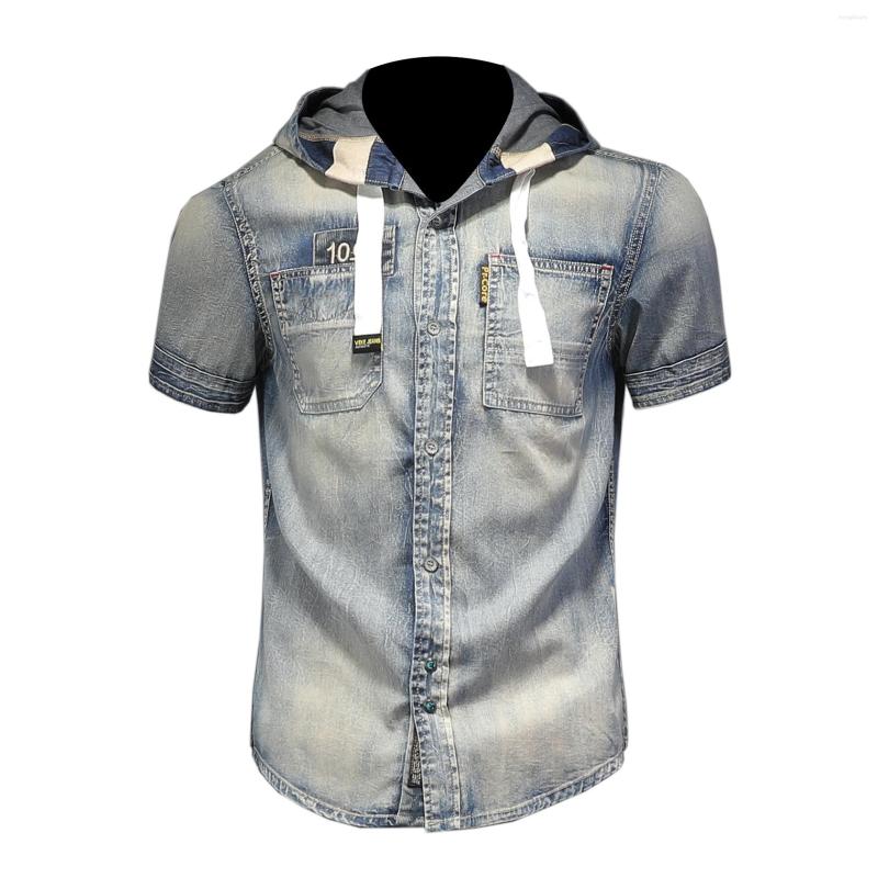 

Men's Jackets Men's Short-sleeved Denim Shirt Casual Slim Jeans Washed With Hat Fashion Printed T-shirt, Blue