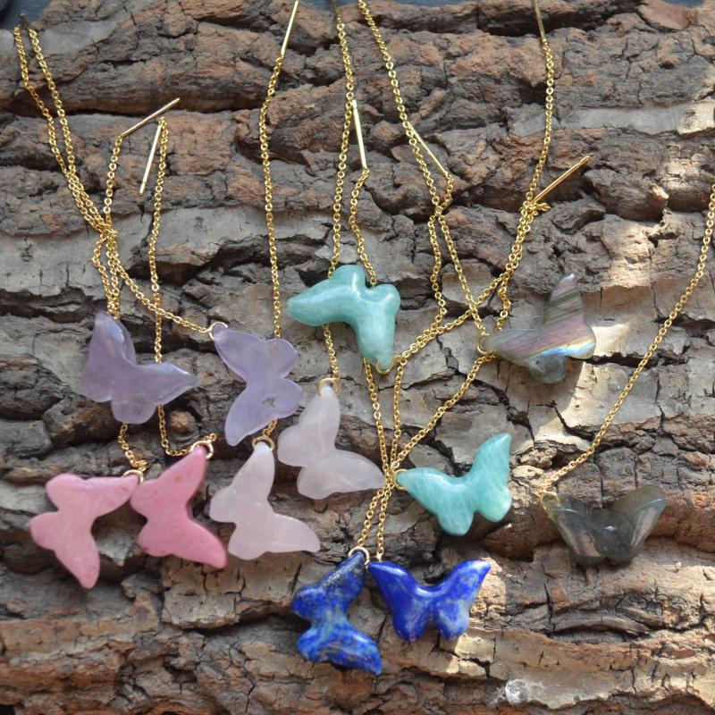 

Dangle Earrings Nature Stone Amazonite / Labradorite/ Rose Quartz /amethyst /lapis /Rhodonite Butterfly Earring For Lady