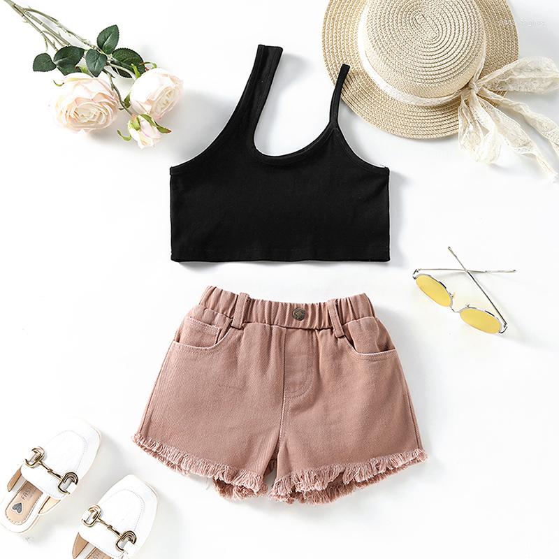 

Clothing Sets FOCUSNORM 1-6Y Summer Fashion Kids Girls 2pcs Clothes Shoulder Sleeveless Solid Vest Tops Denim Shorts, Picture shown