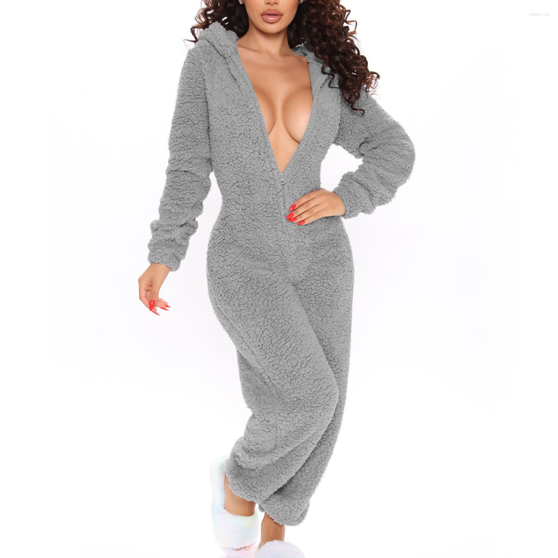 

Women' Sleepwear Autumn And Winter One-Piece Pajamas Solid Color Plush Hooded Long-Sleeved Warm Home Jumpsuit With Ears Plus Size For Woman, Gray
