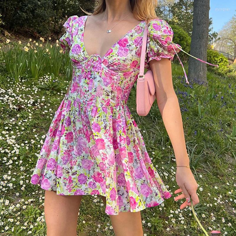 

Party Dresses FUFUCAILLM Sweet Cute Floral A-line Dress Women Summer High Waist Deep V Neck Short Sleeve Corset Mini Boho Beach Clothes, Red